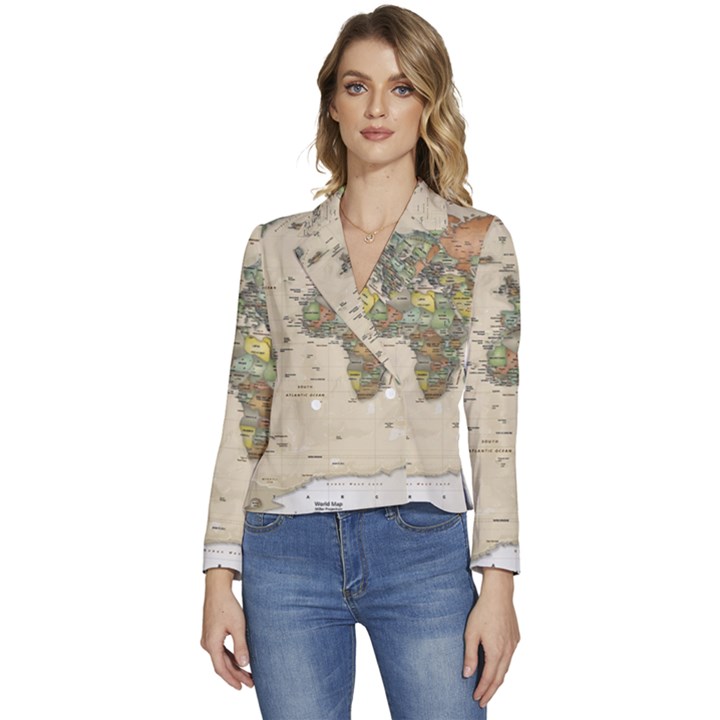 Vintage World Map Aesthetic Women s Long Sleeve Revers Collar Cropped Jacket