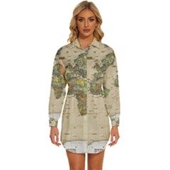 Vintage World Map Aesthetic Womens Long Sleeve Shirt Dress