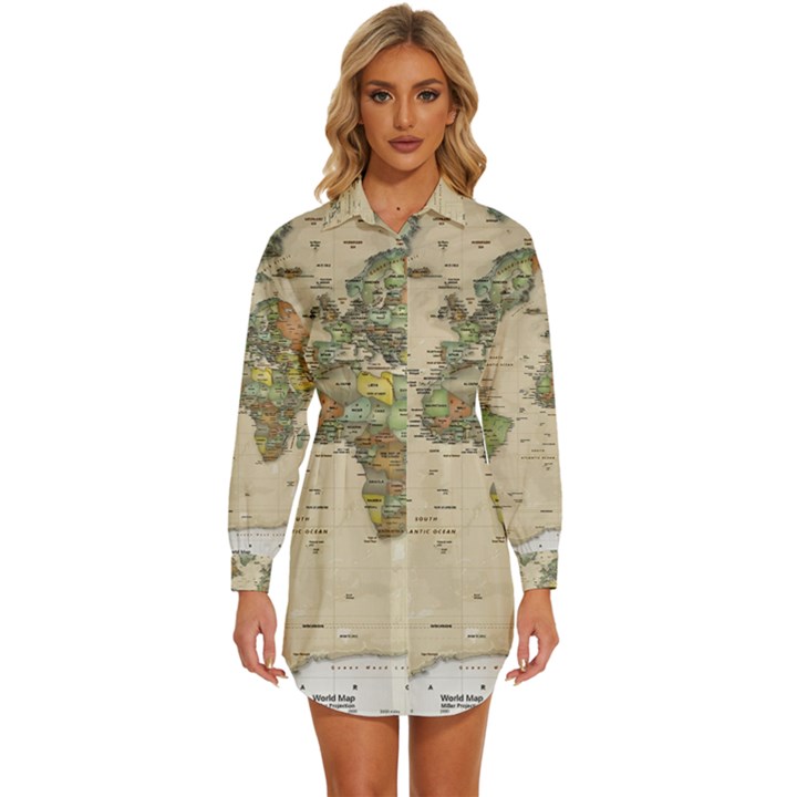 Vintage World Map Aesthetic Womens Long Sleeve Shirt Dress