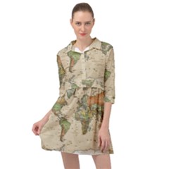 Vintage World Map Aesthetic Mini Skater Shirt Dress