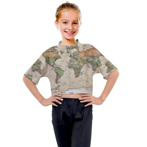 Vintage World Map Aesthetic Kids Mock Neck T-shirt by Cemarart