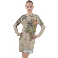 Vintage World Map Aesthetic Long Sleeve Hoodie Dress by Cemarart