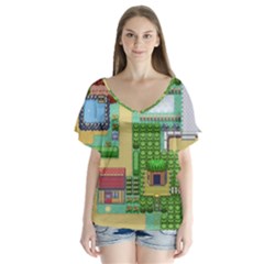 Pixel Map Game V-neck Flutter Sleeve Top by Cemarart