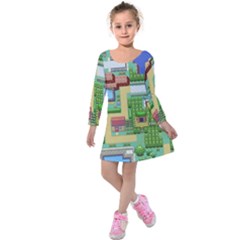 Pixel Map Game Kids  Long Sleeve Velvet Dress by Cemarart