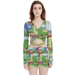 Pixel Map Game Velvet Wrap Crop Top And Shorts Set by Cemarart