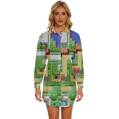 Pixel Map Game Womens Long Sleeve Shirt Dress by Cemarart