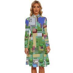 Pixel Map Game Long Sleeve Shirt Collar A-line Dress by Cemarart