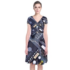 Motherboard Board Circuit Electronic Technology Short Sleeve Front Wrap Dress by Cemarart