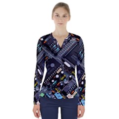 Motherboard Board Circuit Electronic Technology V-neck Long Sleeve Top by Cemarart