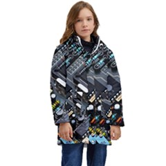 Motherboard Board Circuit Electronic Technology Kids  Hooded Longline Puffer Jacket by Cemarart