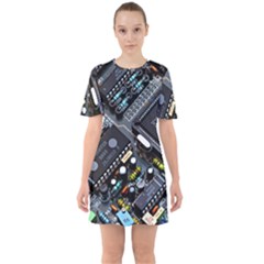 Motherboard Board Circuit Electronic Technology Sixties Short Sleeve Mini Dress by Cemarart