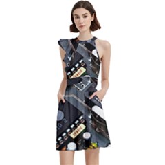 Motherboard Board Circuit Electronic Technology Cocktail Party Halter Sleeveless Dress With Pockets