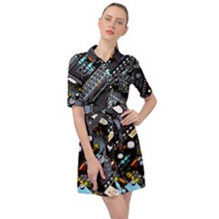 Motherboard Board Circuit Electronic Technology Belted Shirt Dress by Cemarart