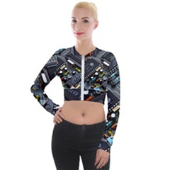 Motherboard Board Circuit Electronic Technology Long Sleeve Cropped Velvet Jacket by Cemarart