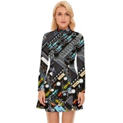 Motherboard Board Circuit Electronic Technology Long Sleeve Velour Longline Dress by Cemarart