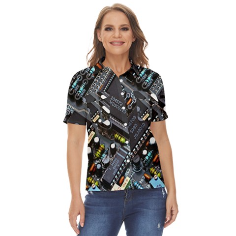 Motherboard Board Circuit Electronic Technology Women s Short Sleeve Double Pocket Shirt by Cemarart