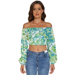 Mazipoodles Love Flowers - Teal Green Long Sleeve Crinkled Weave Crop Top by Mazipoodles