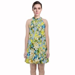 Background-flowers Velvet Halter Neckline Dress  by nateshop