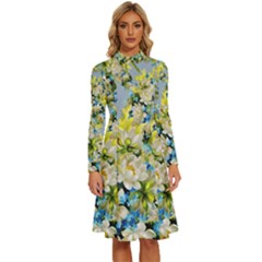 Background-flowers Long Sleeve Shirt Collar A-line Dress