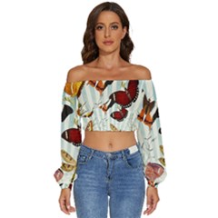 Butterfly-love Long Sleeve Crinkled Weave Crop Top