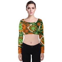 Mazipoodles Love Flowers - Green Orange Velvet Long Sleeve Crop Top by Mazipoodles