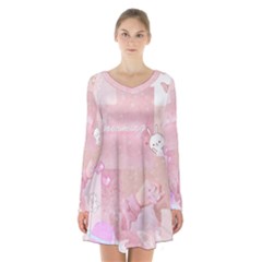 Pink Aesthetic, Clouds, Cute, Glitter, Hello Kitty, Pastel, Soft Long Sleeve Velvet V-neck Dress by nateshop