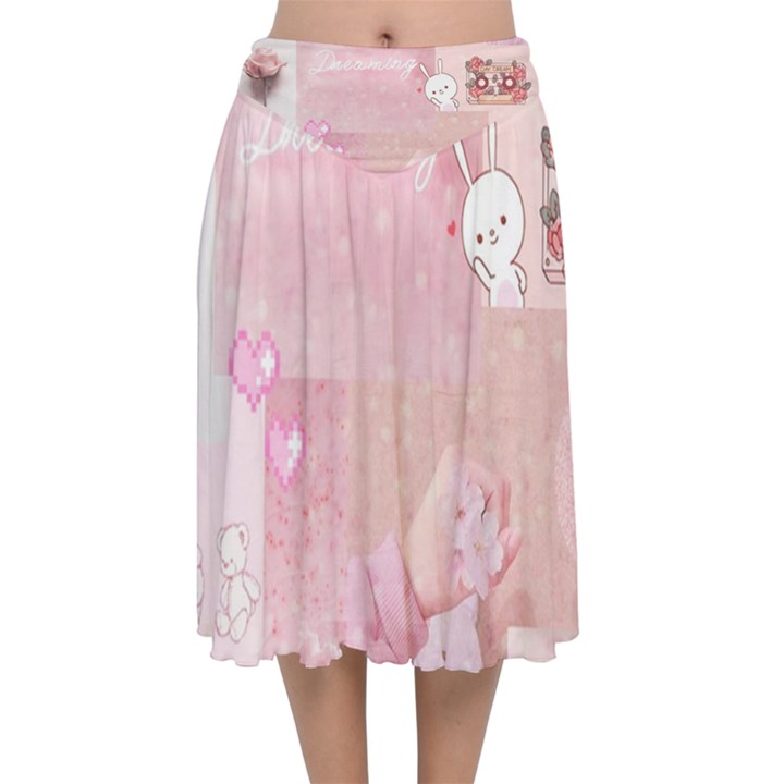 Pink Aesthetic, Clouds, Cute, Glitter, Hello Kitty, Pastel, Soft Velvet Flared Midi Skirt