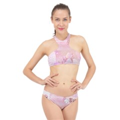 Pink Aesthetic, Clouds, Cute, Glitter, Hello Kitty, Pastel, Soft High Neck Bikini Set by nateshop