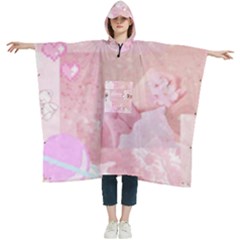 Pink Aesthetic, Clouds, Cute, Glitter, Hello Kitty, Pastel, Soft Women s Hooded Rain Ponchos