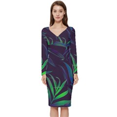 Tree Leaves Long Sleeve V-neck Bodycon Dress  by nateshop