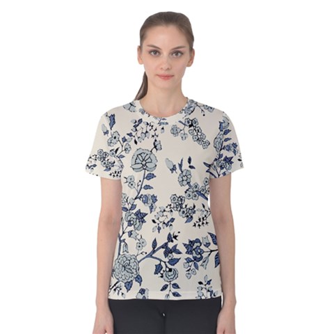 Blue Vintage Background, Blue Roses Patterns Women s Cotton T-shirt by nateshop