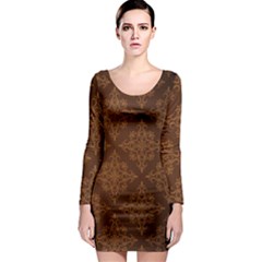 Brown Floral Pattern Floral Vintage Pattern, Brown Vintage Long Sleeve Bodycon Dress by nateshop