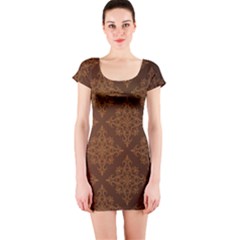 Brown Floral Pattern Floral Vintage Pattern, Brown Vintage Short Sleeve Bodycon Dress by nateshop