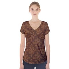 Brown Floral Pattern Floral Vintage Pattern, Brown Vintage Short Sleeve Front Detail Top by nateshop