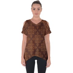 Brown Floral Pattern Floral Vintage Pattern, Brown Vintage Cut Out Side Drop T-shirt by nateshop