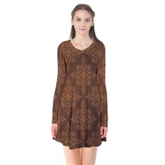 Brown Floral Pattern Floral Vintage Pattern, Brown Vintage Long Sleeve V-neck Flare Dress by nateshop