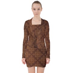 Brown Floral Pattern Floral Vintage Pattern, Brown Vintage V-neck Bodycon Long Sleeve Dress by nateshop