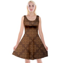 Brown Floral Pattern Floral Vintage Pattern, Brown Vintage Reversible Velvet Sleeveless Dress by nateshop