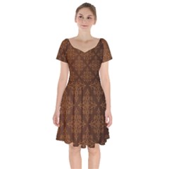 Brown Floral Pattern Floral Vintage Pattern, Brown Vintage Short Sleeve Bardot Dress by nateshop