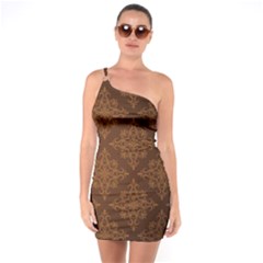 Brown Floral Pattern Floral Vintage Pattern, Brown Vintage One Shoulder Ring Trim Bodycon Dress by nateshop