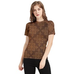 Brown Floral Pattern Floral Vintage Pattern, Brown Vintage Women s Short Sleeve Rash Guard by nateshop