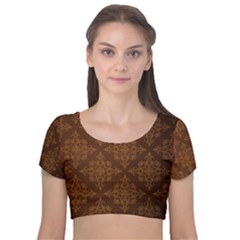 Brown Floral Pattern Floral Vintage Pattern, Brown Vintage Velvet Short Sleeve Crop Top  by nateshop