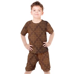 Brown Floral Pattern Floral Vintage Pattern, Brown Vintage Kids  T-shirt And Shorts Set