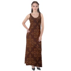 Brown Floral Pattern Floral Vintage Pattern, Brown Vintage Sleeveless Velour Maxi Dress