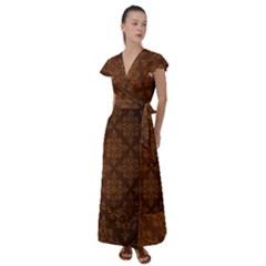 Brown Floral Pattern Floral Vintage Pattern, Brown Vintage Flutter Sleeve Maxi Dress by nateshop