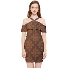 Brown Floral Pattern Floral Vintage Pattern, Brown Vintage Shoulder Frill Bodycon Summer Dress by nateshop