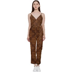 Brown Floral Pattern Floral Vintage Pattern, Brown Vintage V-neck Camisole Jumpsuit by nateshop