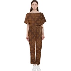 Brown Floral Pattern Floral Vintage Pattern, Brown Vintage Batwing Lightweight Chiffon Jumpsuit by nateshop