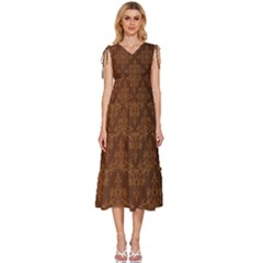 Brown Floral Pattern Floral Vintage Pattern, Brown Vintage V-neck Drawstring Shoulder Sleeveless Maxi Dress by nateshop