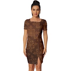 Brown Floral Pattern Floral Vintage Pattern, Brown Vintage Fitted Knot Split End Bodycon Dress by nateshop